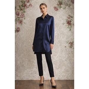 Y2K Nipon Studio Navy Satin Tunic Blouse Rayon Blend M